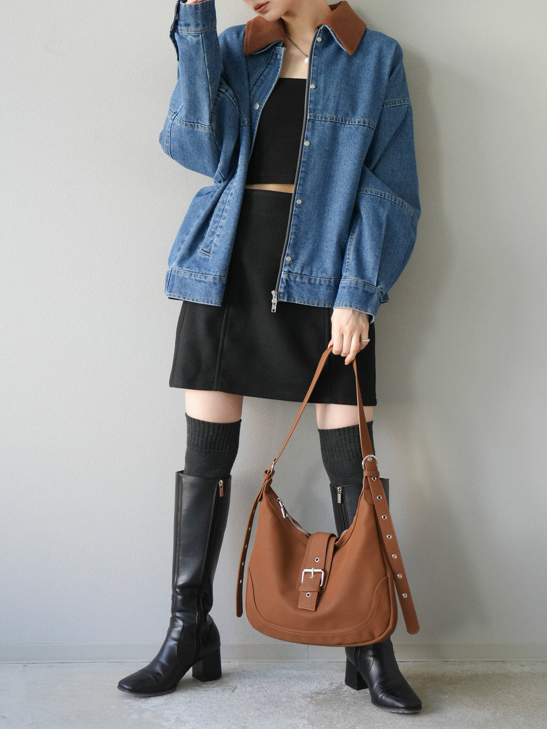 [予約]スウェード襟切替デニムブルゾン/ブルー