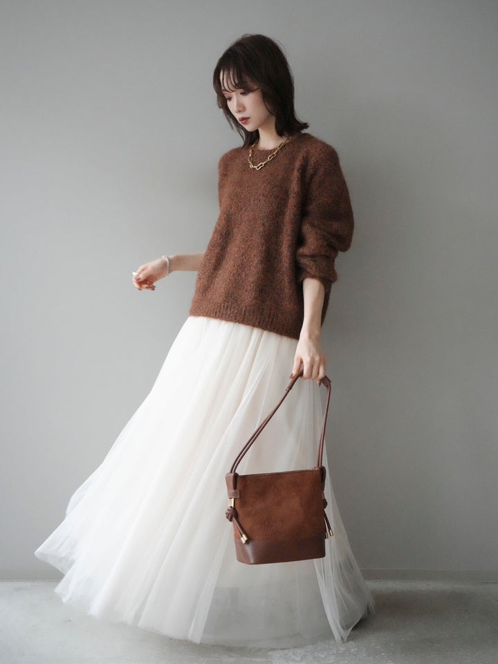 [SET]ロゴラベルミックスヤーンニットプルオーバー+チュールボリュームスカート(2set)