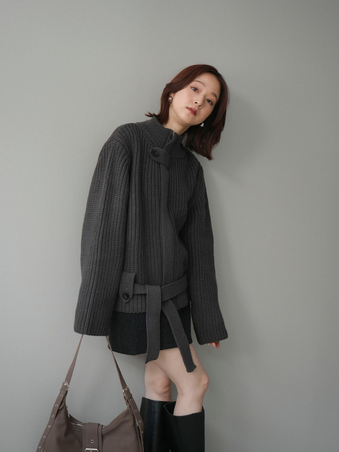 [予約]畦編みボトルネックZIPニットカーディガン/ gray