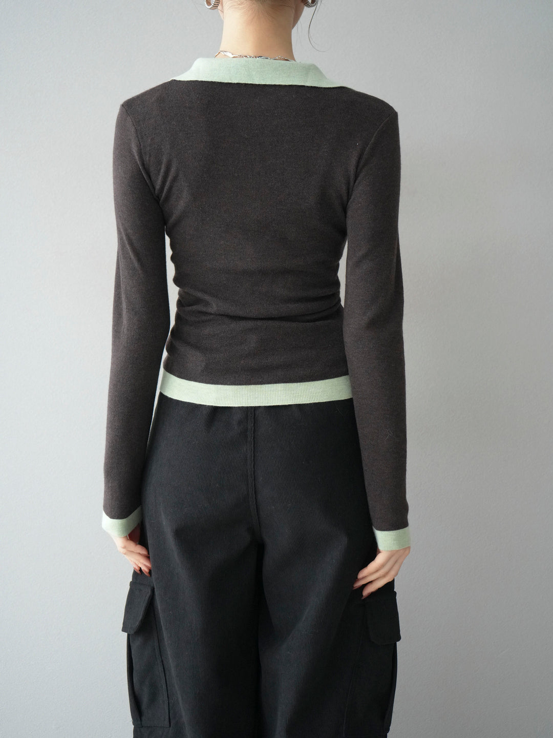 [予約]レイヤード配色ポロニットトップス/darkbrown