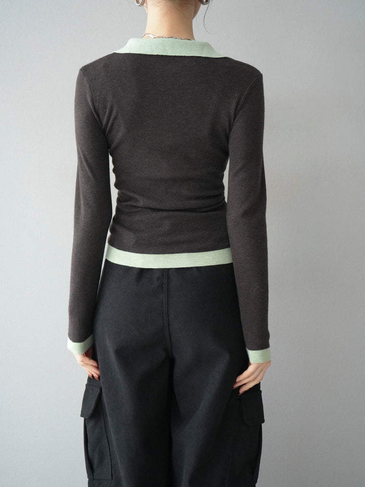 [予約]レイヤード配色ポロニットトップス/darkbrown