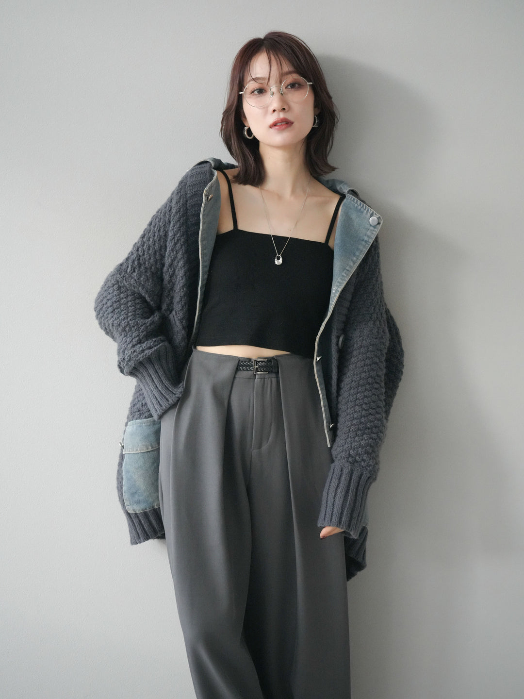 [SET]デニム襟レイヤードニットジャケット+ベルトループデザインワイドパンツ(2set)