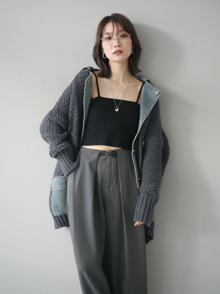 [SET]デニム襟レイヤードニットジャケット+ベルトループデザインワイドパンツ(2set)