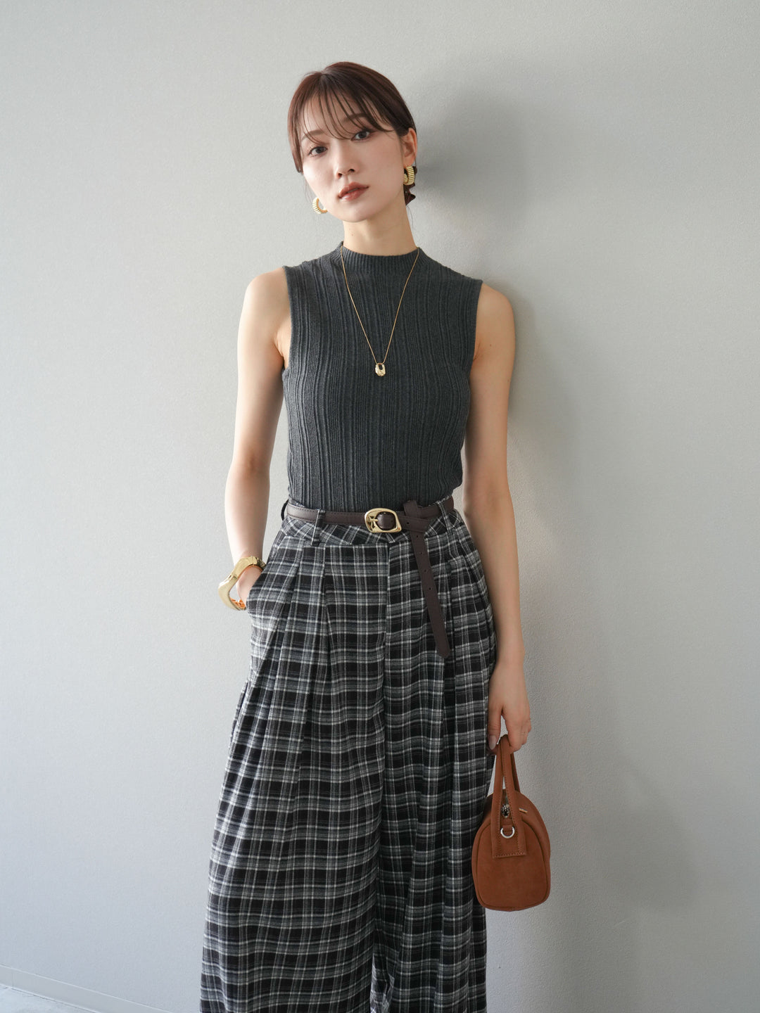 [予約]スリーブレスランダムリブニットトップス/グレー