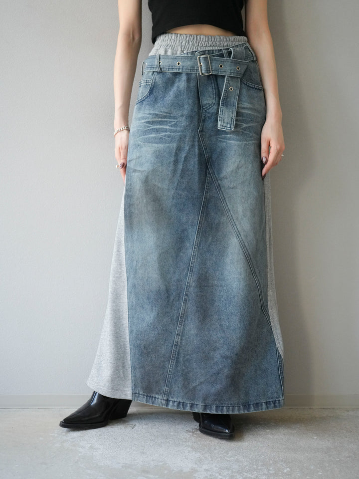 [予約]デザインベルトデニムドッキングスウェットスカート/グレー