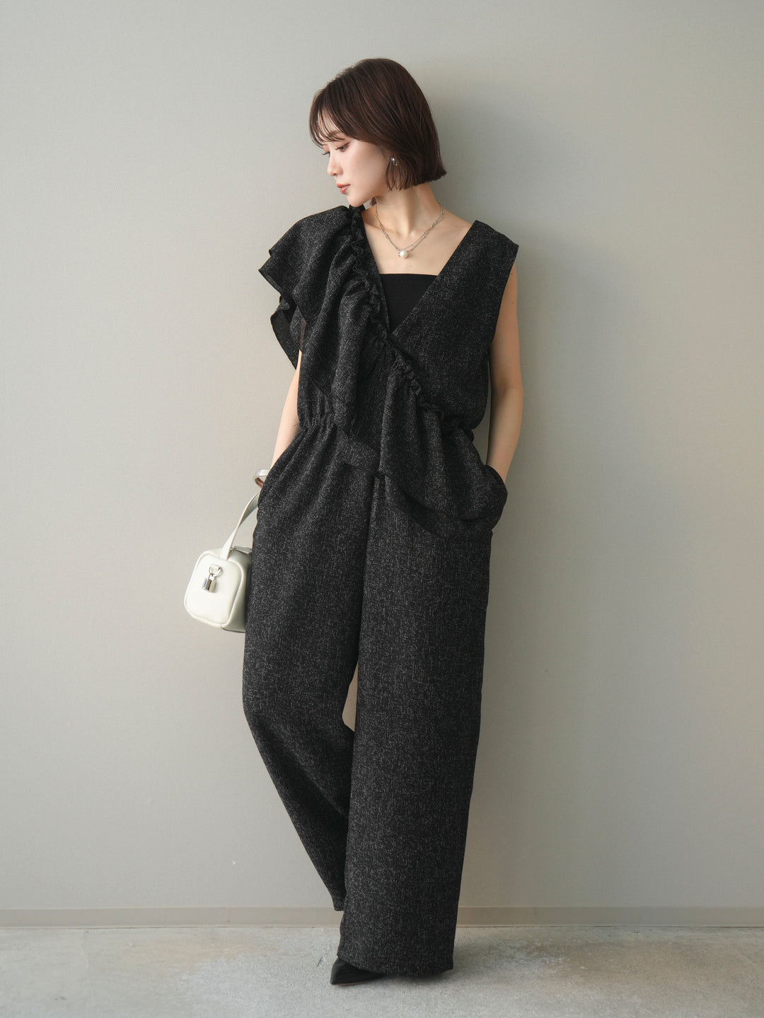 [SET]3WAYミックスツイードギャザーオールインワン+選べるアクセセット(2set)