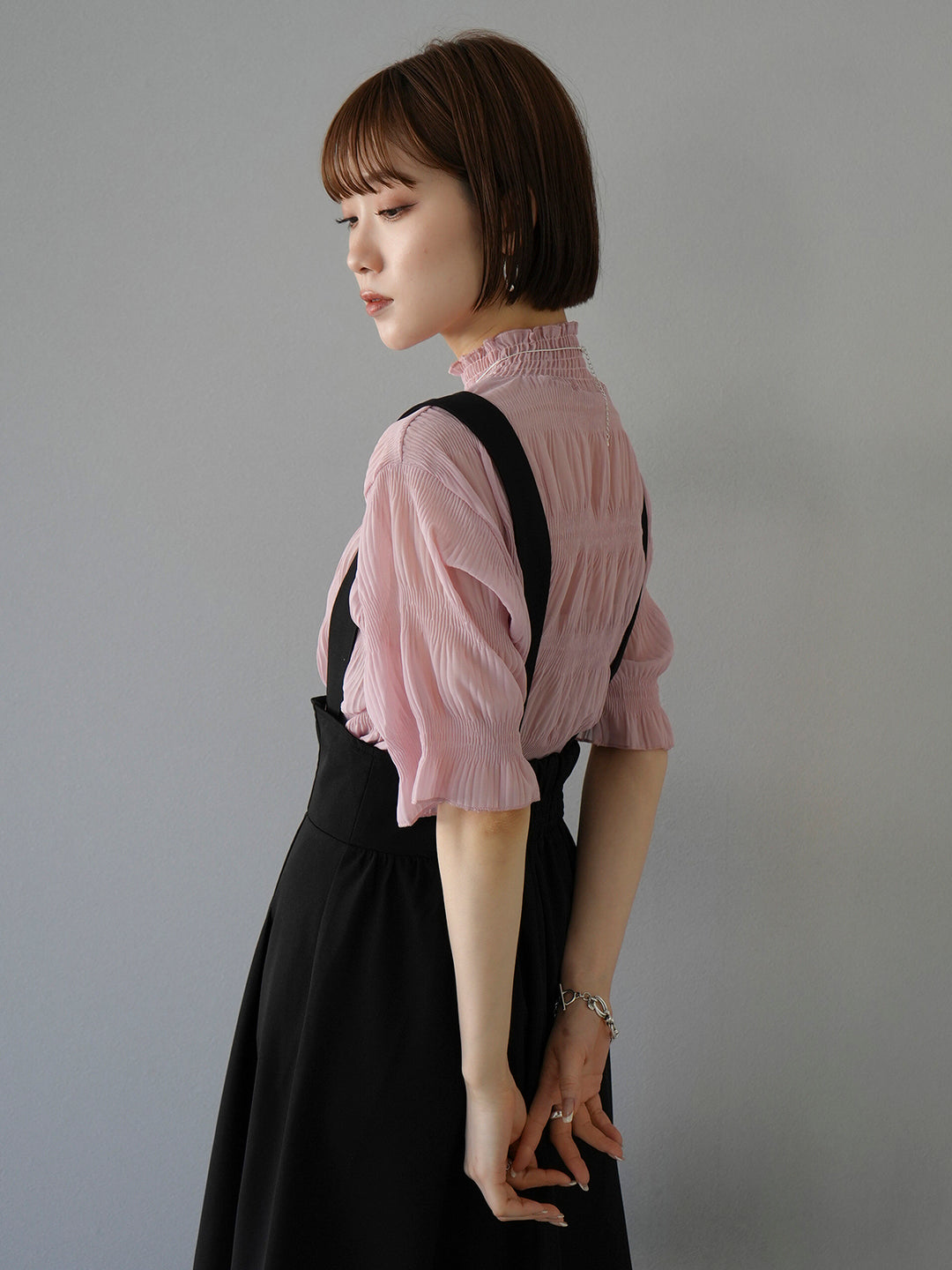 [SET] Shirring chiffon half sleeve blouse + 2WAY flare jumper skirt (2set)