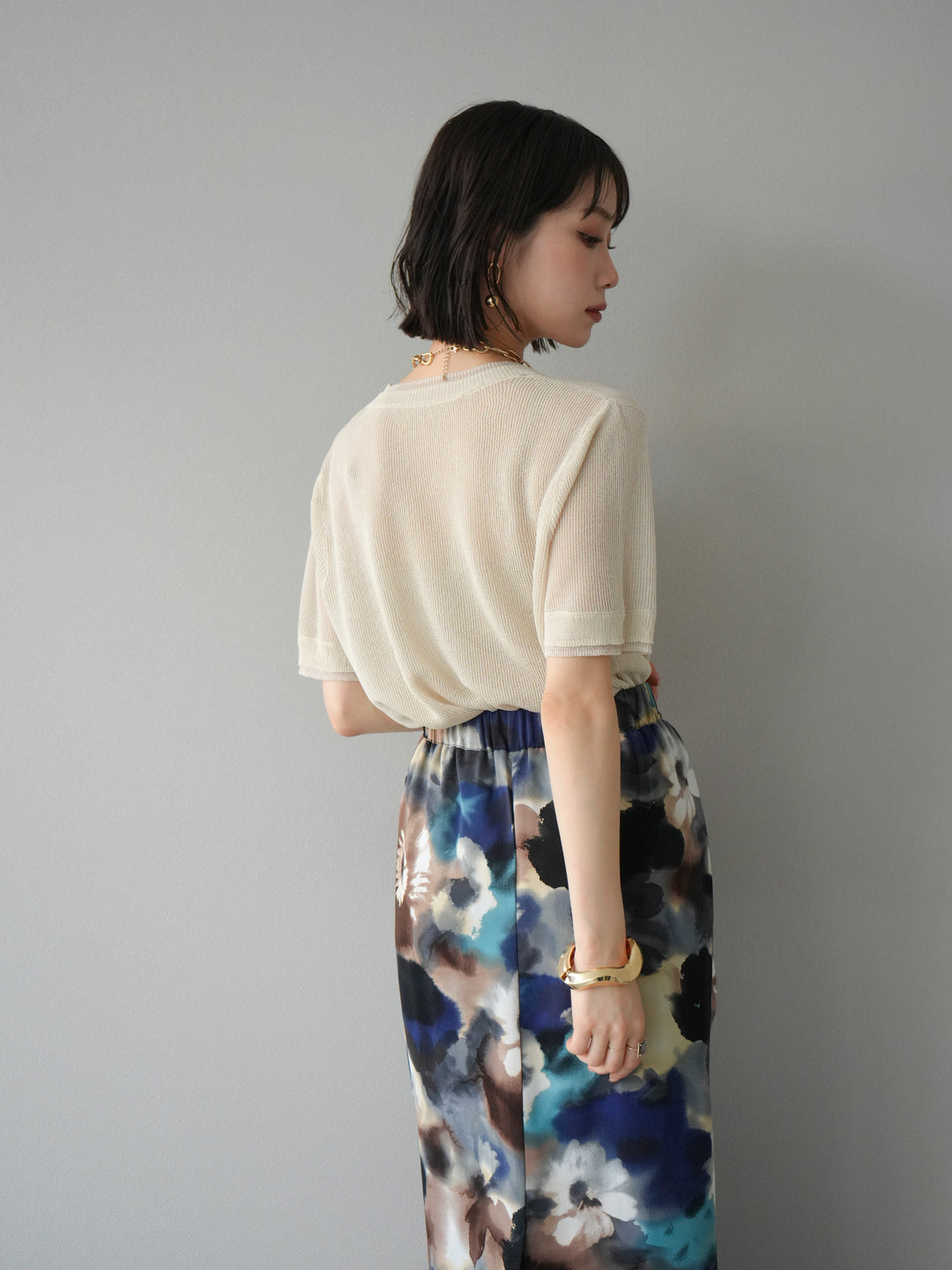 [SET]リネンタッチ配色二重臼ハーフニットトップス+選べるアソート柄スカートセット(2set)