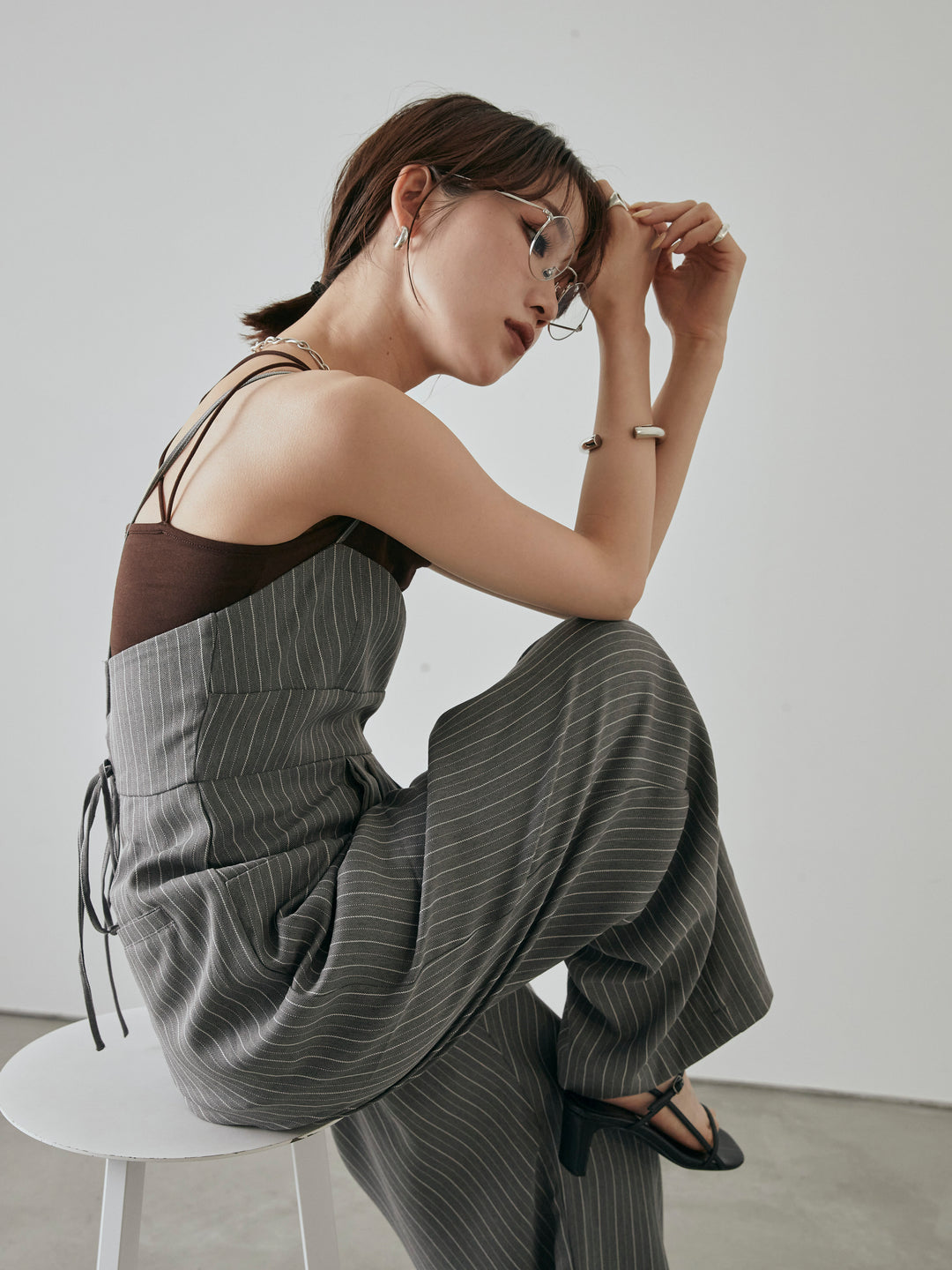 [予約]ヘリンボーンストライプサロペット/チャコール