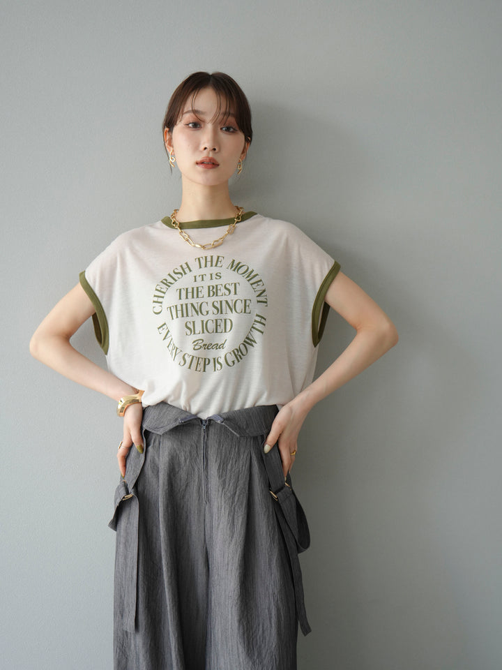 [SET]ストリングデザインハイウエストサロペット+シアーフライス ロゴプリントT (2set)