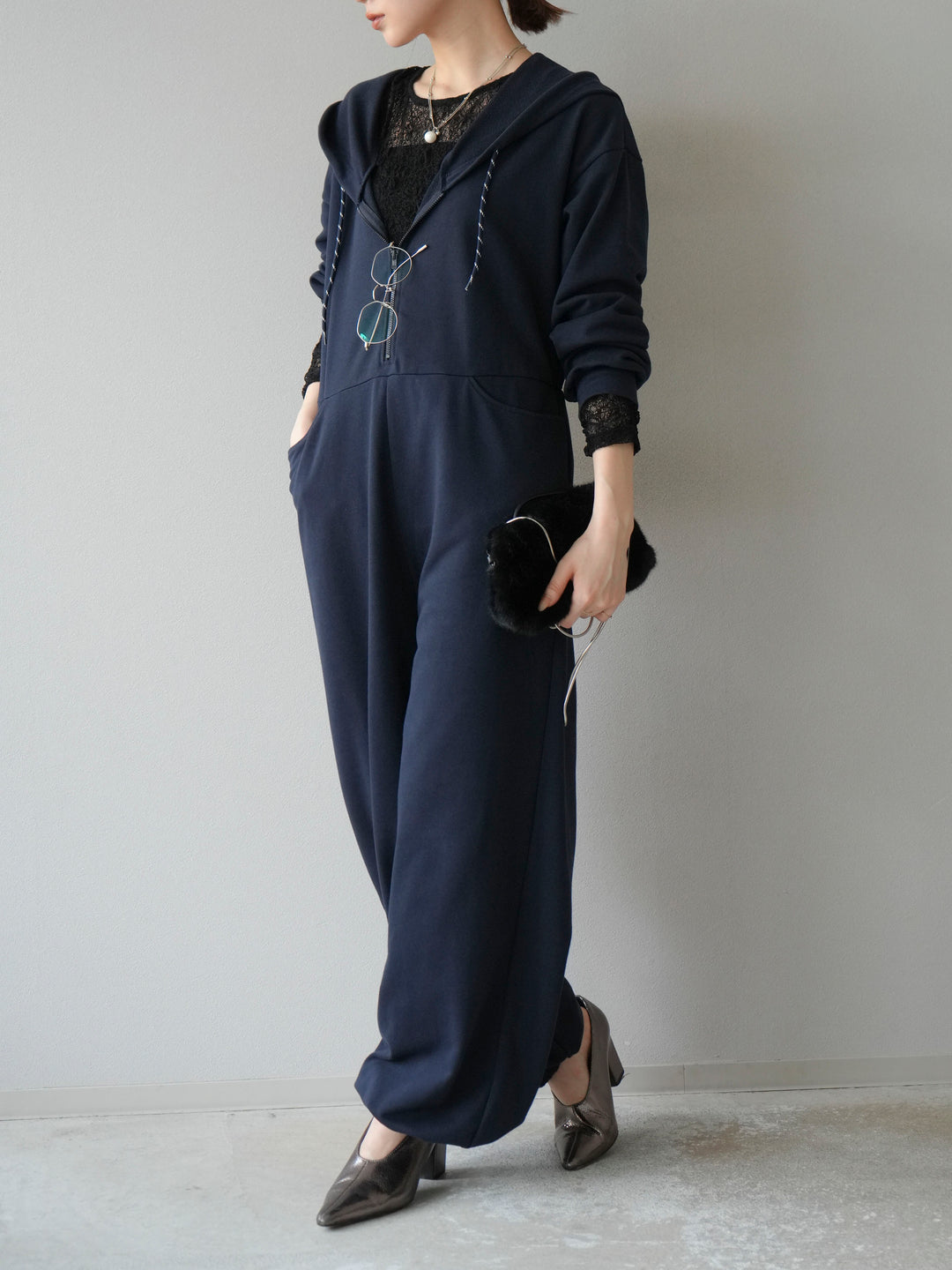 [予約]ミニ裏毛フーディージャンプスーツ/ダークネイビー