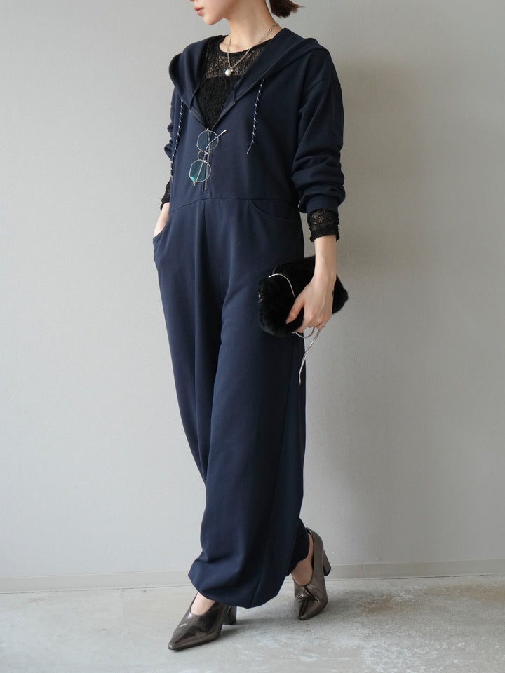 [予約]ミニ裏毛フーディージャンプスーツ/ダークネイビー