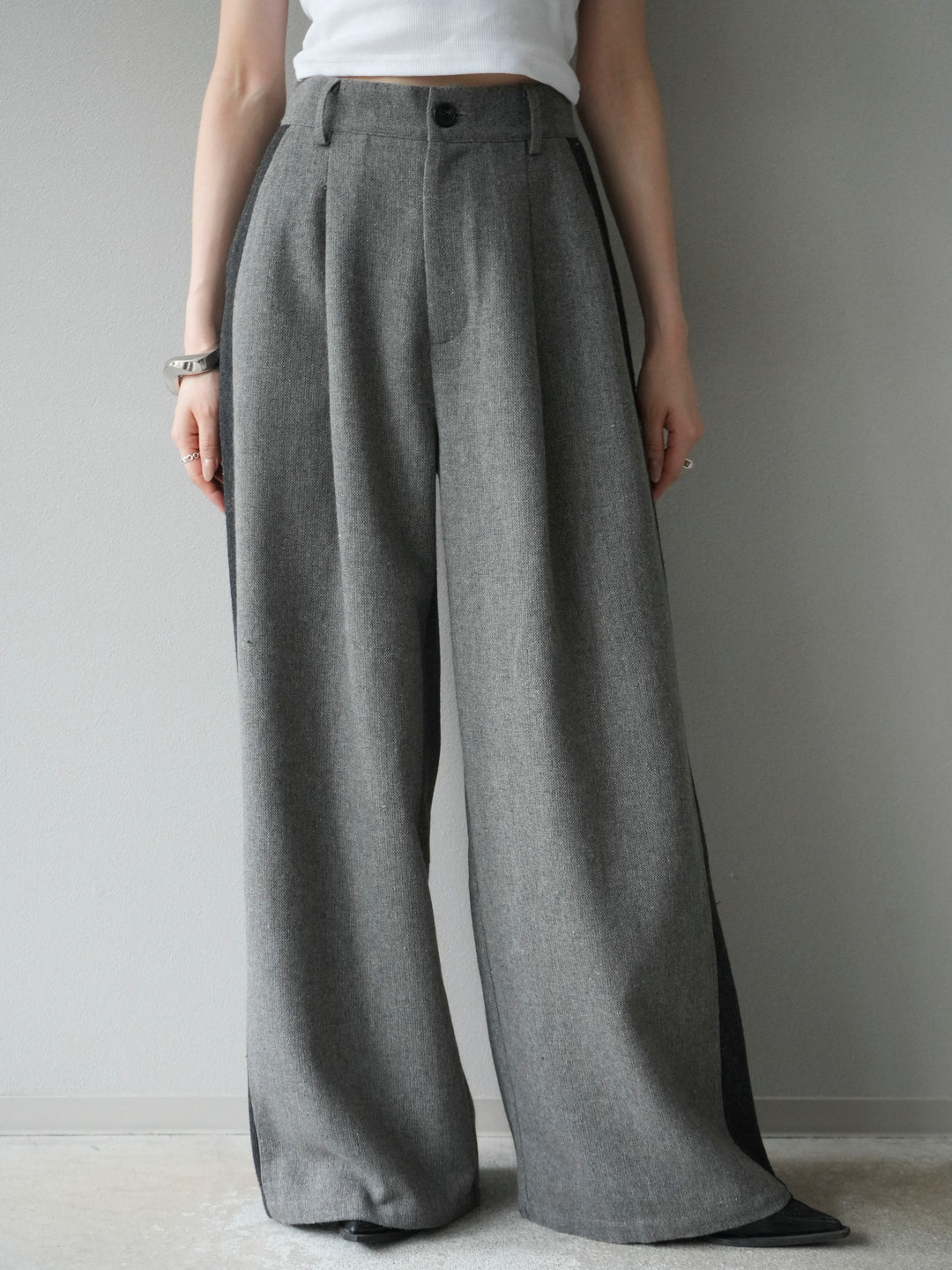 【預購】粗花呢側色寬褲/灰色