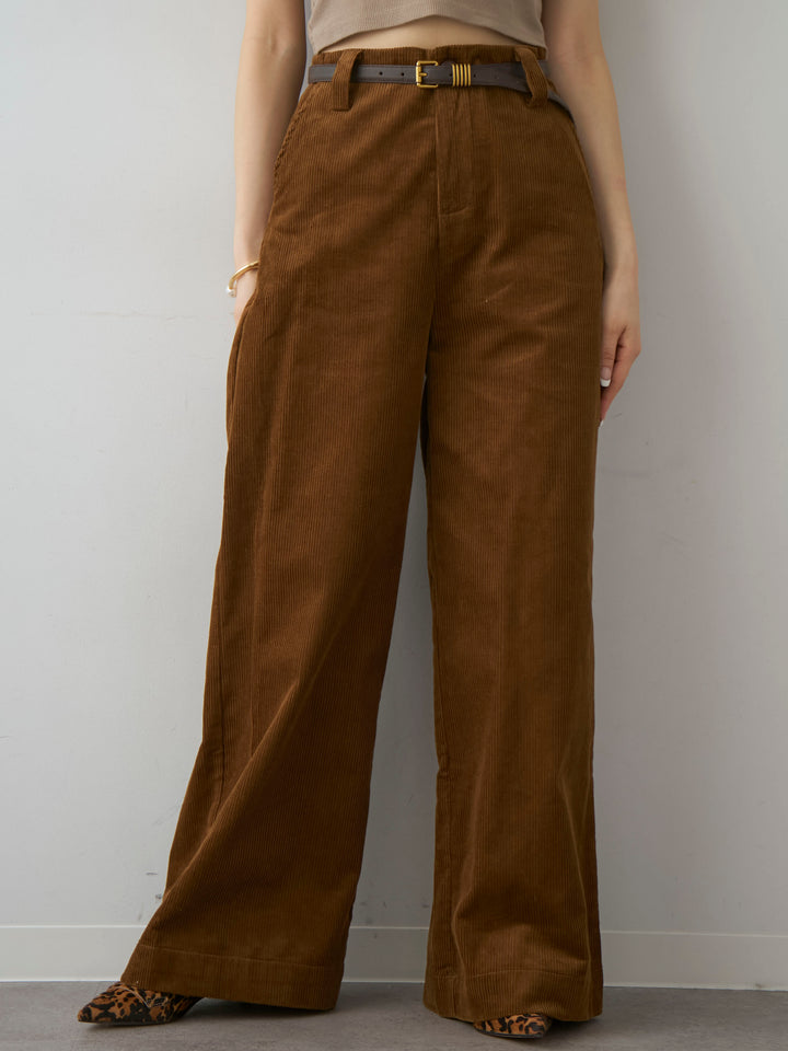 [予約]ベルト付コーディロイワイドストレートパンツ/brown