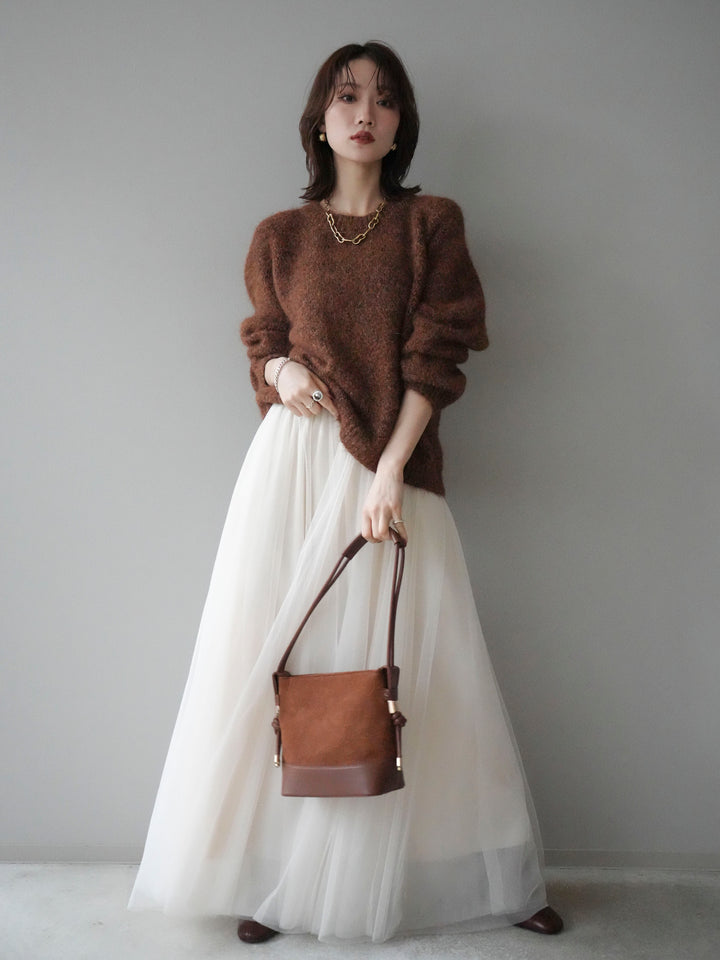 [SET]ロゴラベルミックスヤーンニットプルオーバー+チュールボリュームスカート(2set)