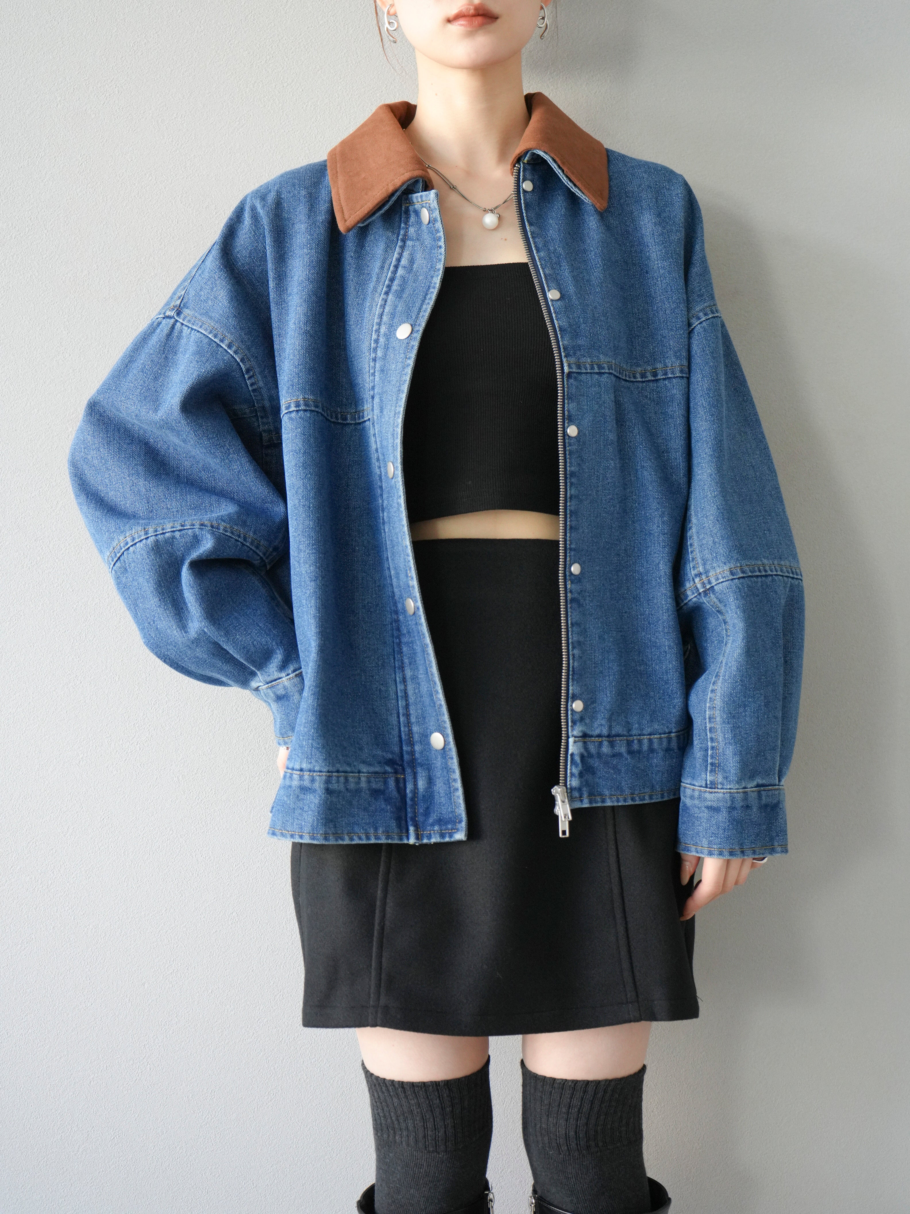 予約]スウェード襟切替デニムブルゾン/ブルー – Lumier