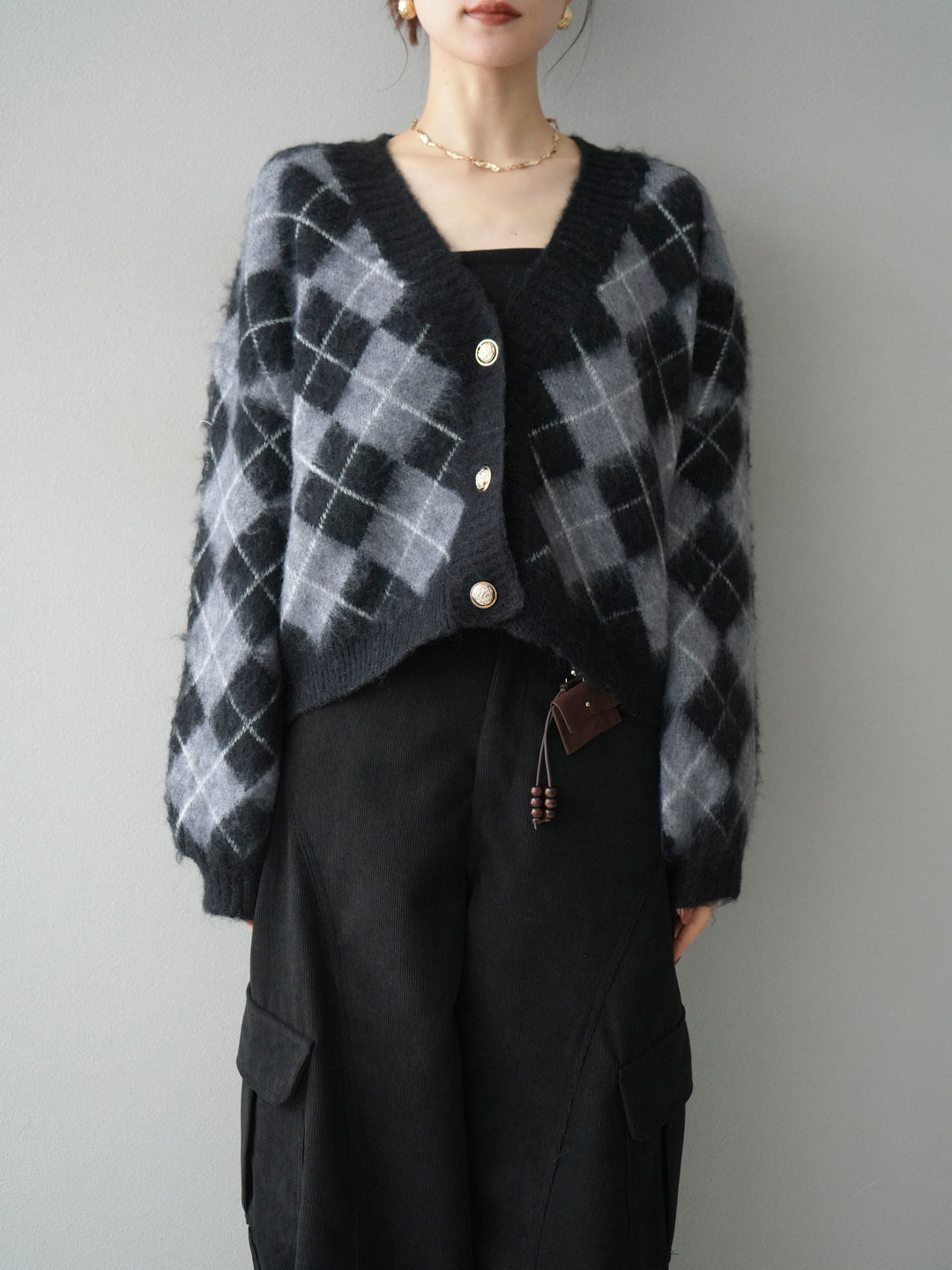 [予約]アーガイルシャギーニットカーディガン/gray