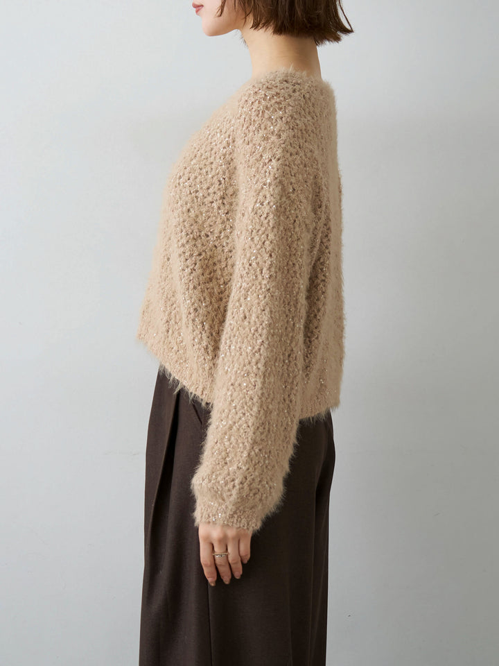 [予約]スパンラメシャギーVネックニットトップス/beige