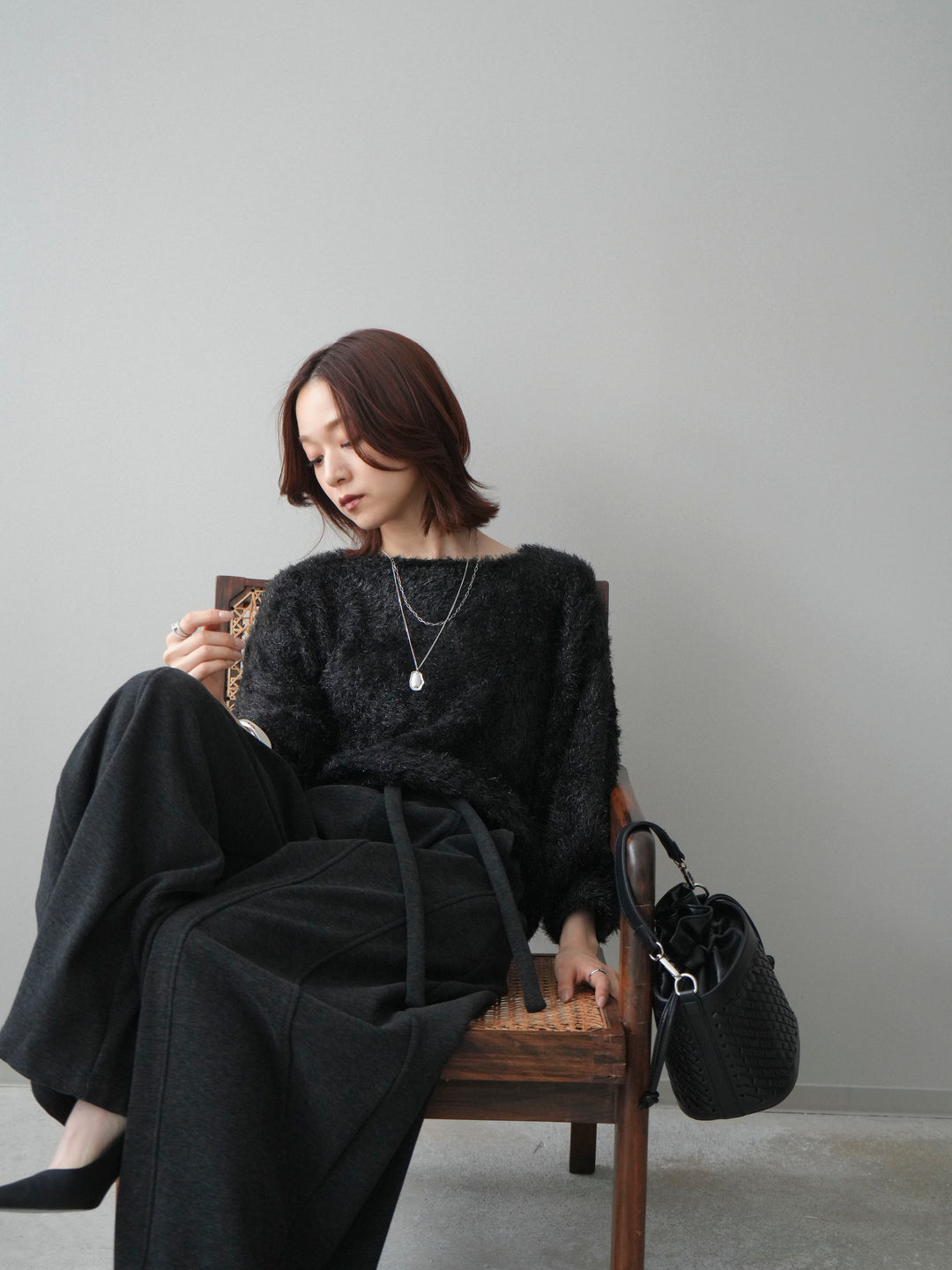 [予約]ラメシャギードルマンニットプルオーバー/black