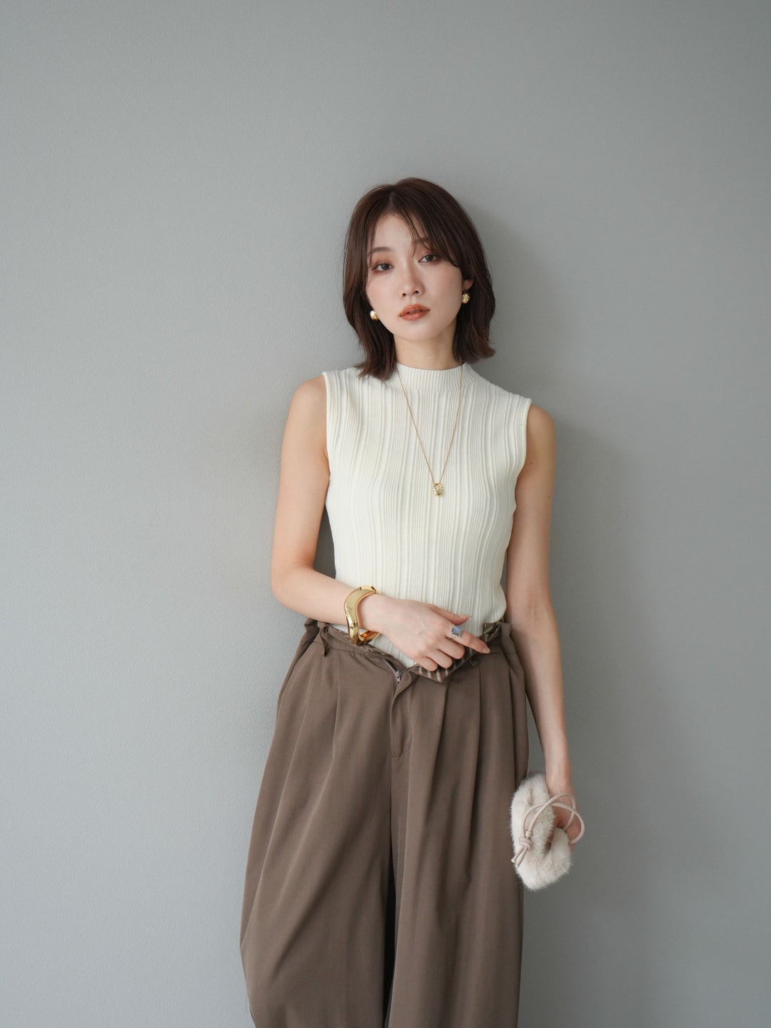 [予約]スリーブレスランダムリブニットトップス/アイボリー