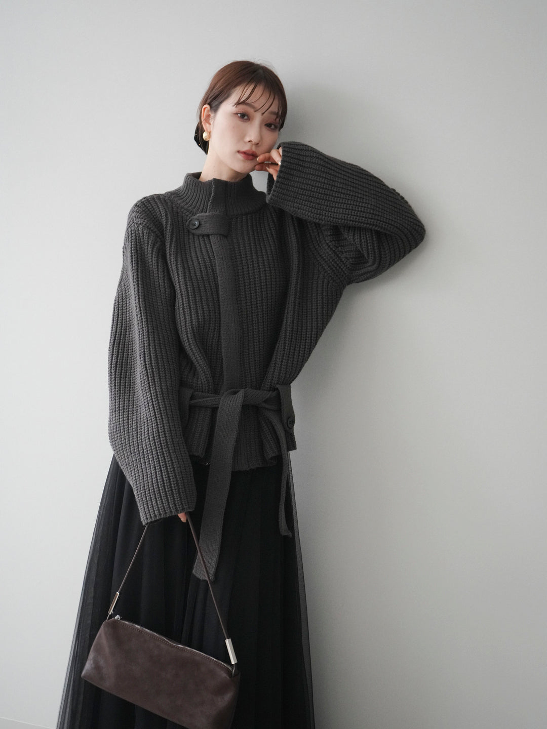 [予約]畦編みボトルネックZIPニットカーディガン/ gray