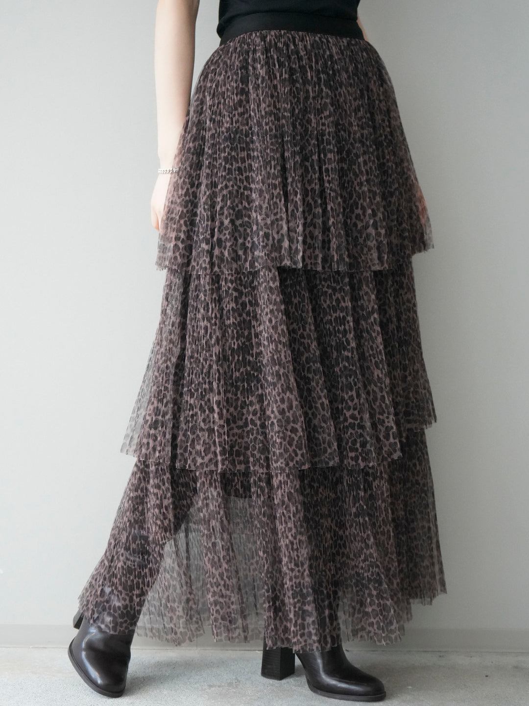 [予約]レオパード柄チュールフリルスカート/brown