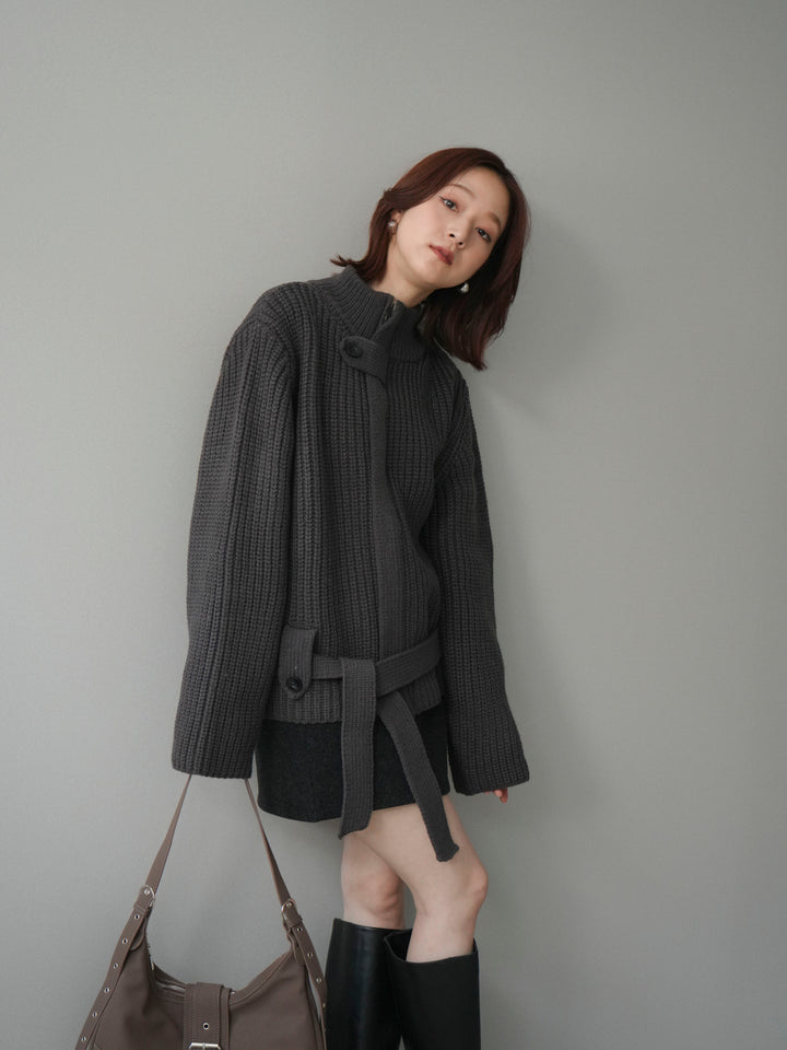 [予約]畦編みボトルネックZIPニットカーディガン/ gray
