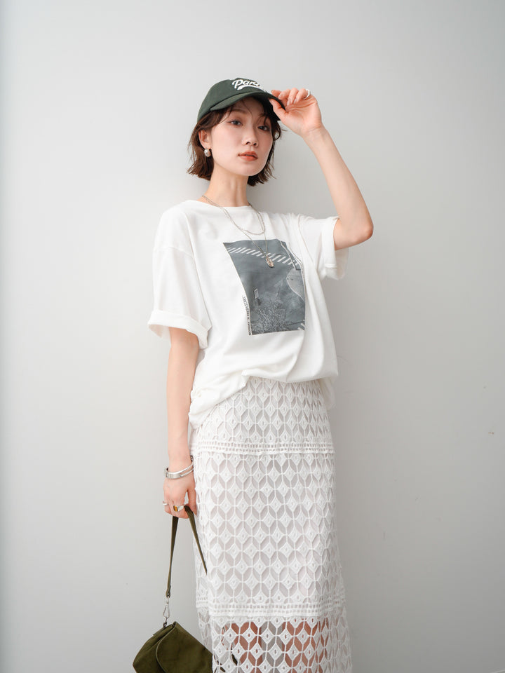 [SET]フォトプリントロゴTEE+クロシェレースIラインスカート(2set)
