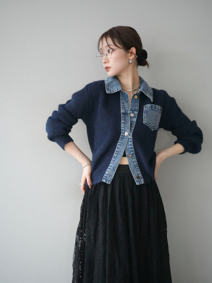 [予約]デニム襟ポケットニットカーディガン/navy