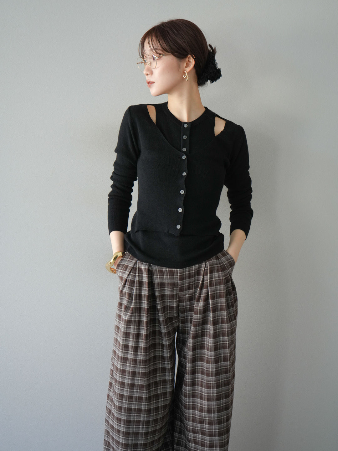 [予約]レイヤードデザインニットカーディガン/ブラック