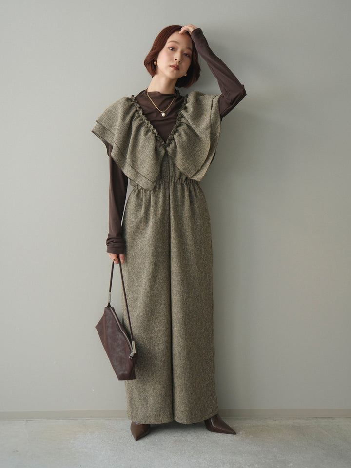 [SET]3WAYミックスツイードギャザーオールインワン+シアープチネックストレッチトップス(2set)