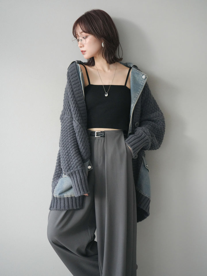 [SET]デニム襟レイヤードニットジャケット+ベルトループデザインワイドパンツ(2set)