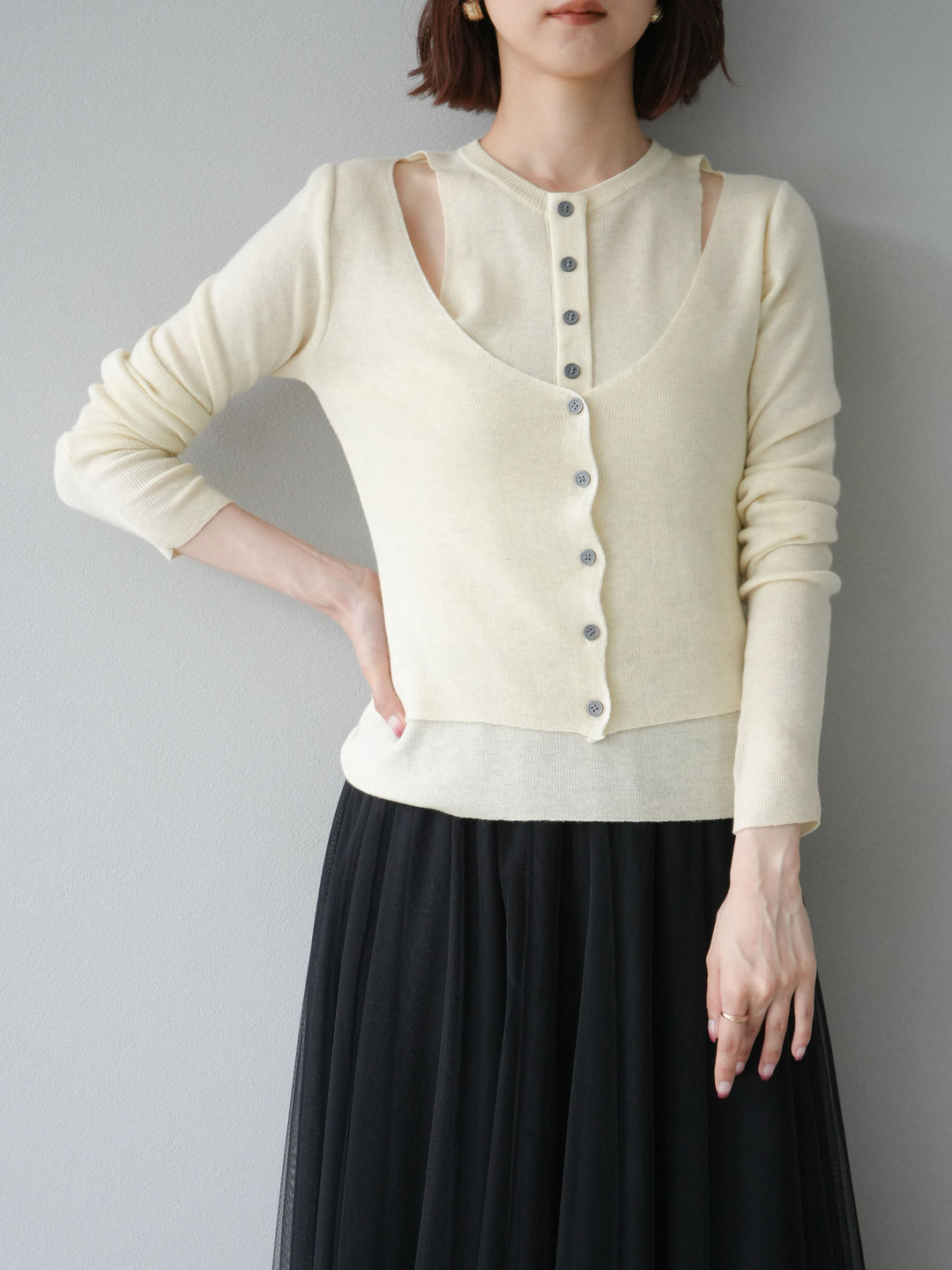 [予約]レイヤードデザインニットカーディガン/アイボリー