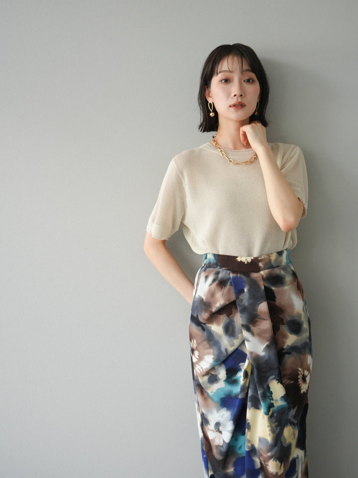 [SET]リネンタッチ配色二重臼ハーフニットトップス+選べるアソート柄スカートセット(2set)