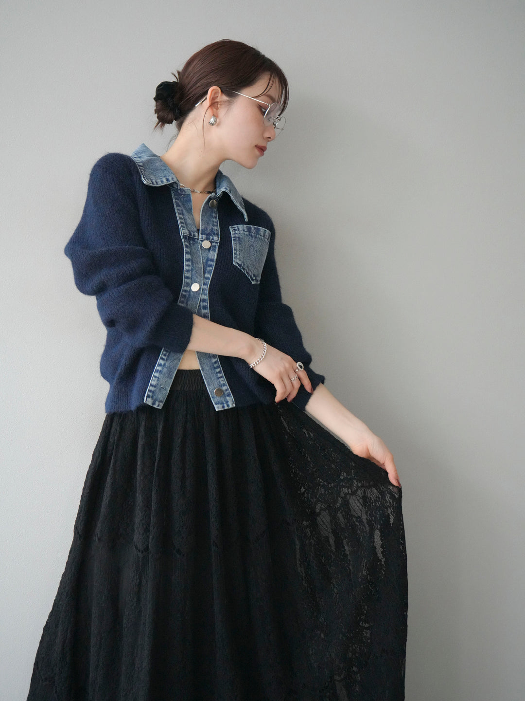 [予約]デニム襟ポケットニットカーディガン/navy