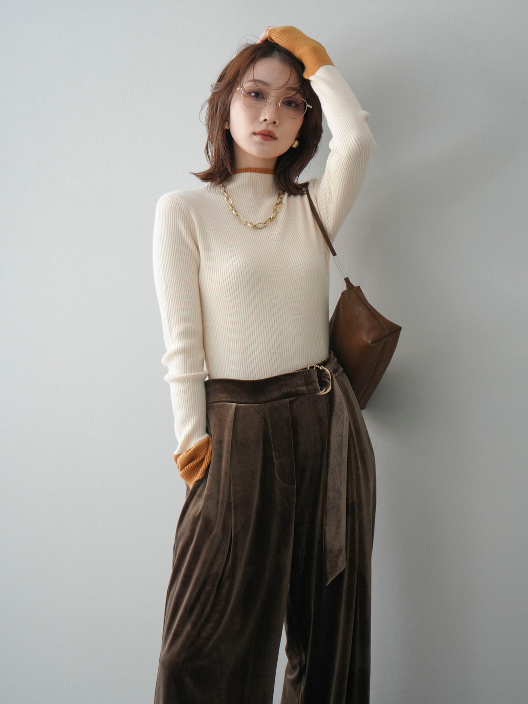 [予約]袖ボタンハイネック配色リブニットトップス/ivory