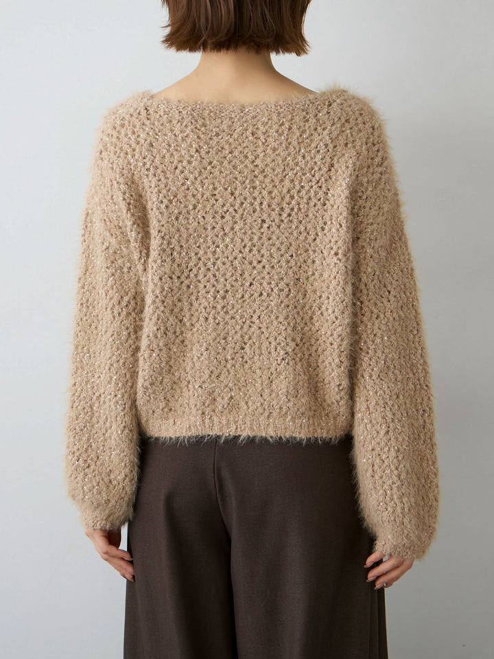 [予約]スパンラメシャギーVネックニットトップス/beige