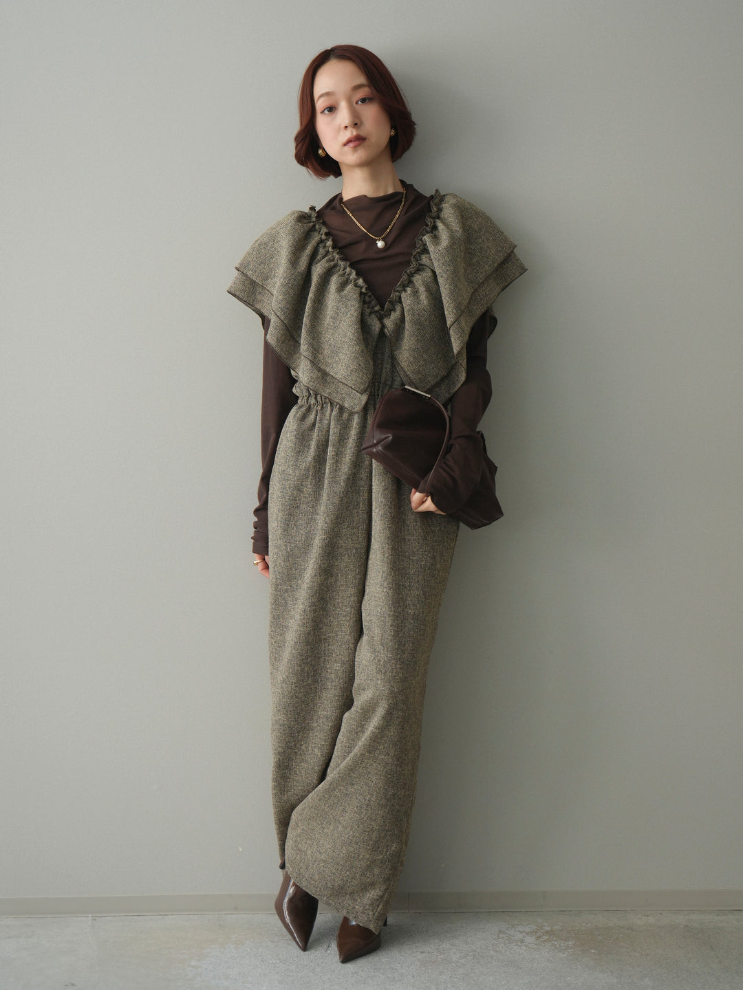 [SET]3WAYミックスツイードギャザーオールインワン+シアープチネックストレッチトップス(2set)