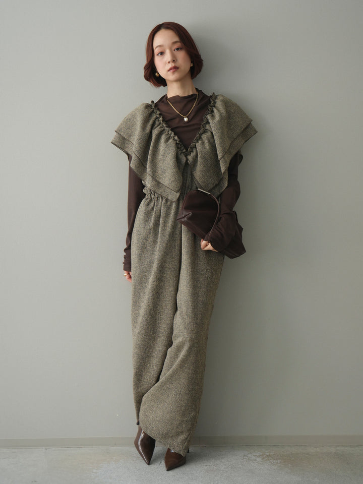 [SET]3WAYミックスツイードギャザーオールインワン+シアープチネックストレッチトップス(2set)