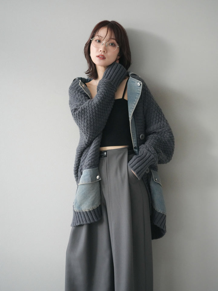 [SET]デニム襟レイヤードニットジャケット+ベルトループデザインワイドパンツ(2set)