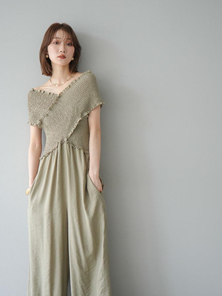 [予約]シャーリングクロスサロペット/グレージュ