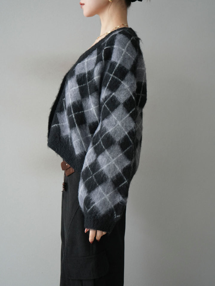 [予約]アーガイルシャギーニットカーディガン/gray