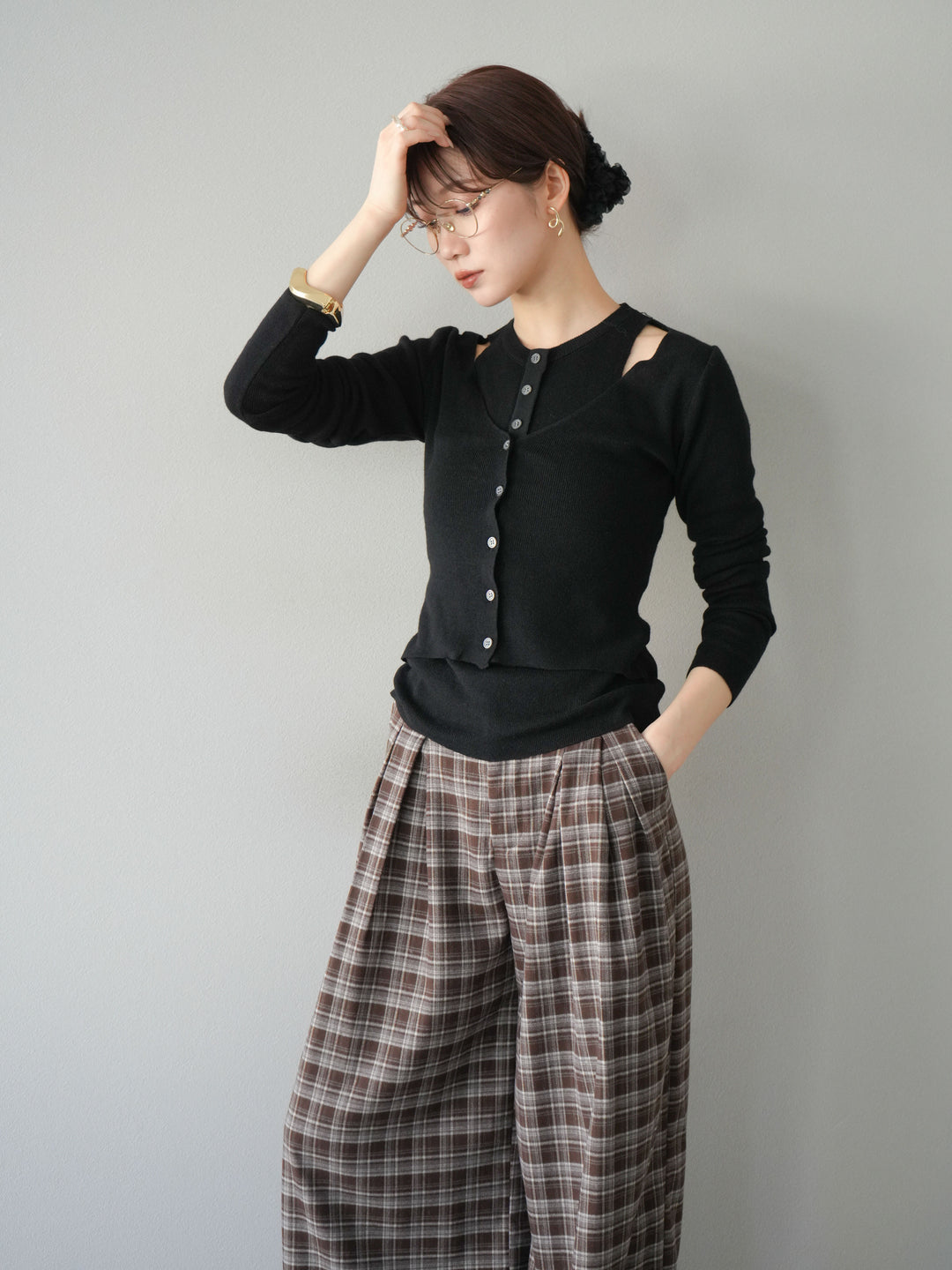 [予約]レイヤードデザインニットカーディガン/ブラック