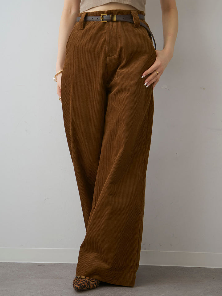 [予約]ベルト付コーディロイワイドストレートパンツ/brown