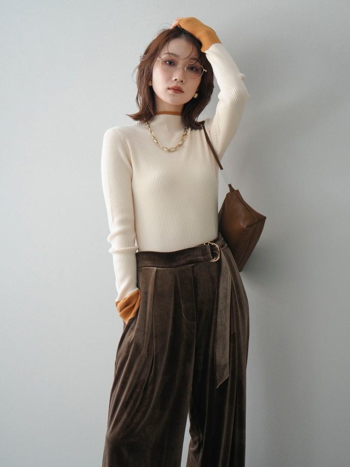 [SET]袖ボタンハイネック配色リブニットトップス+選べるアクセセット(2set)