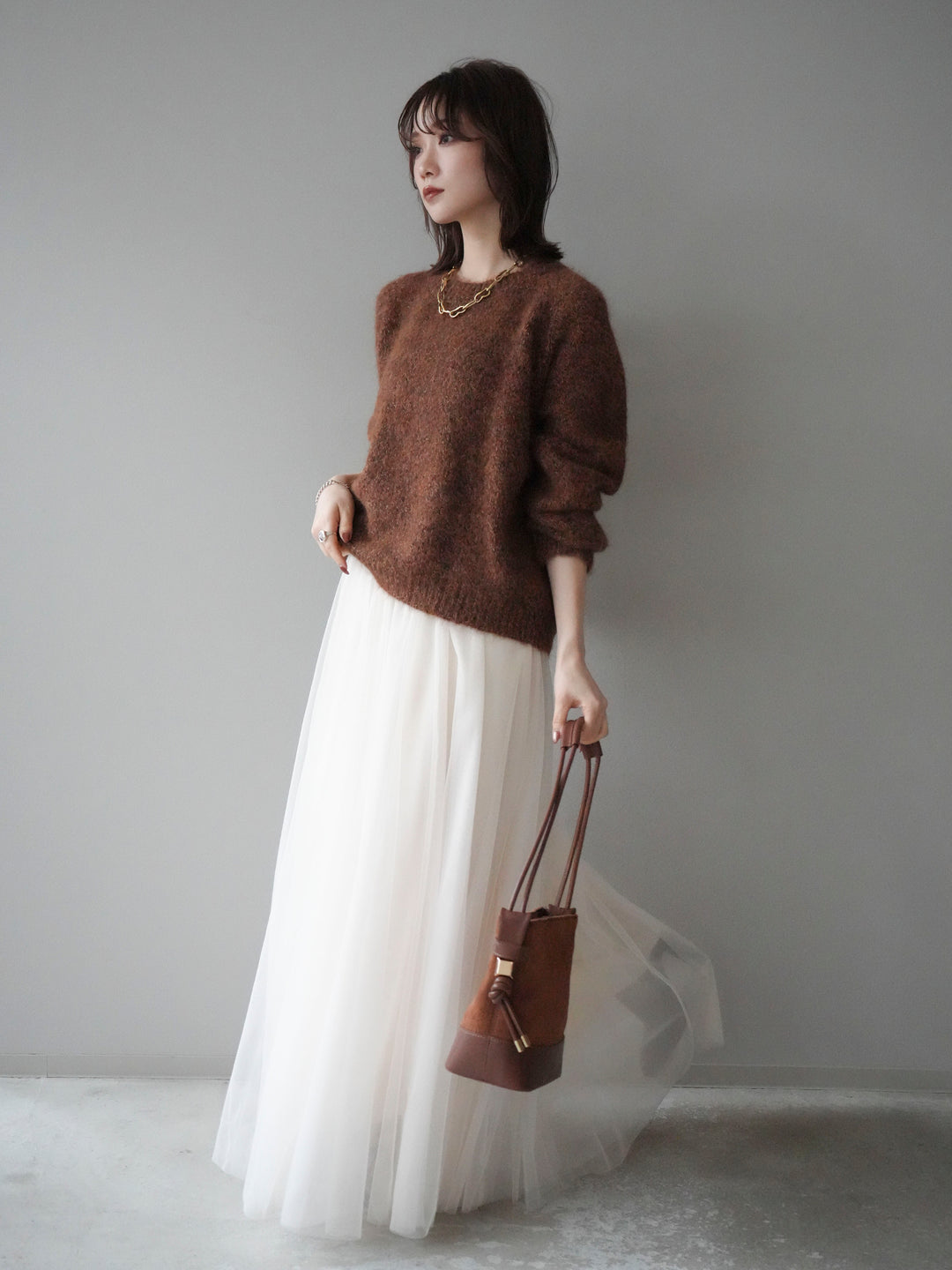 [SET]ロゴラベルミックスヤーンニットプルオーバー+チュールボリュームスカート(2set)