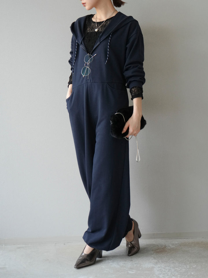 [予約]ミニ裏毛フーディージャンプスーツ/ダークネイビー
