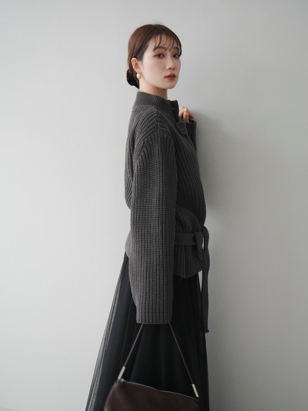 [予約]畦編みボトルネックZIPニットカーディガン/ gray