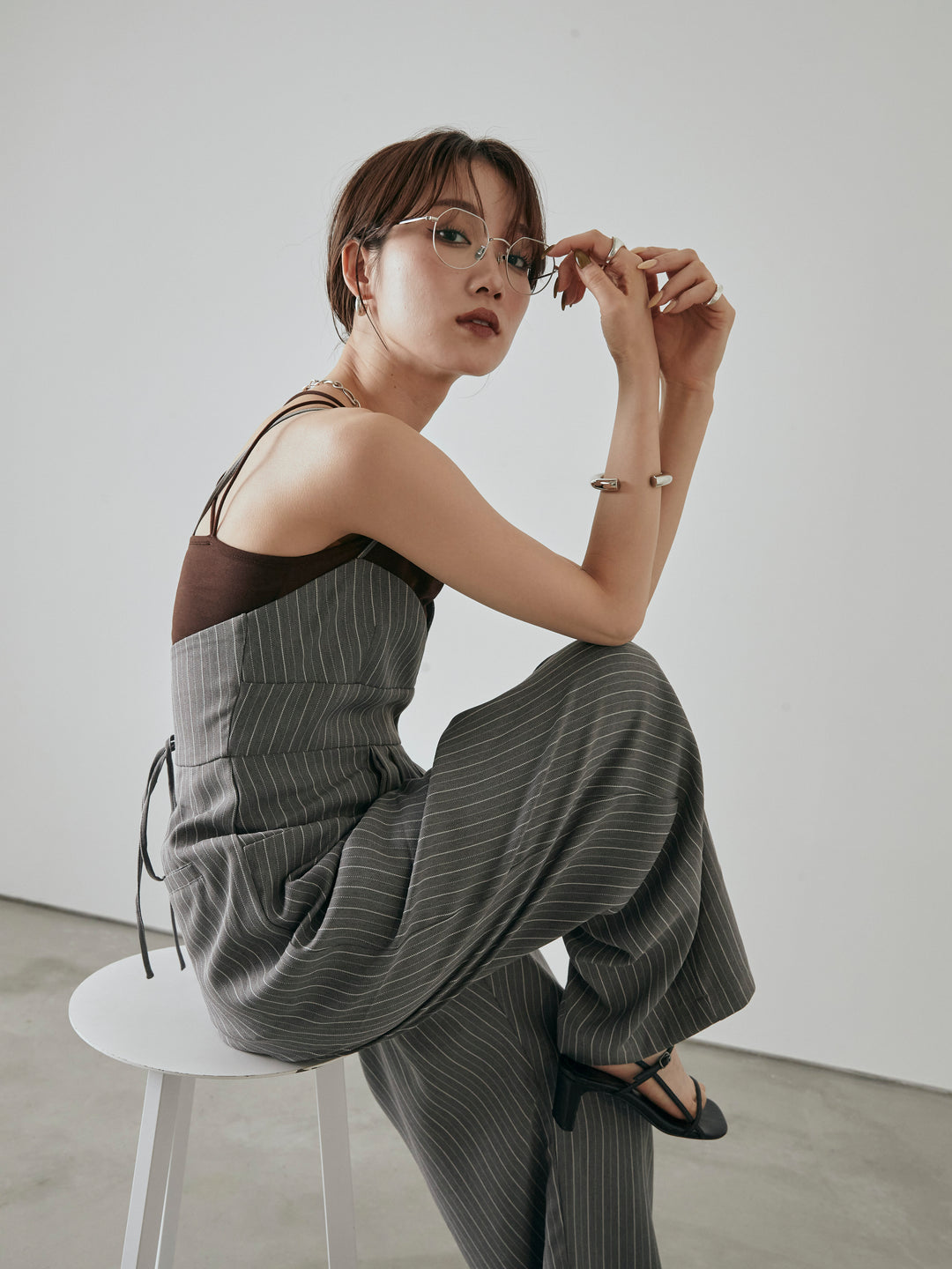 [予約]ヘリンボーンストライプサロペット/チャコール