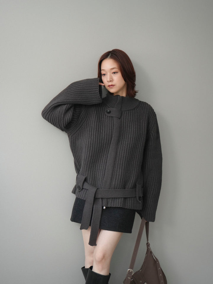 [予約]畦編みボトルネックZIPニットカーディガン/ gray